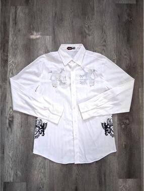 FUNK Men's XL White Embroidered Poly-Blend Long Sleeve Button Up Dress Shirt